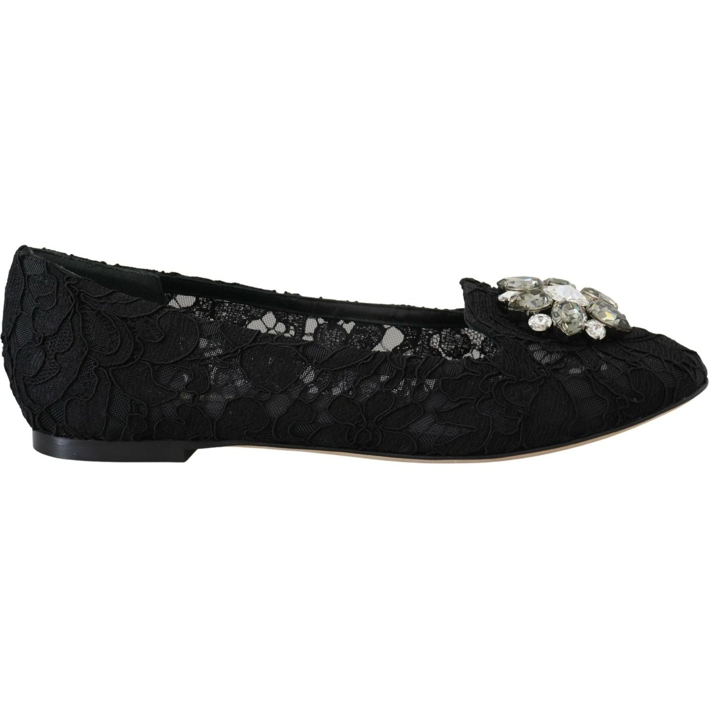 Dolce & Gabbana Black Taormina Lace Crystals Flats Shoes