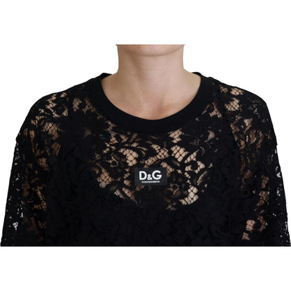 Dolce & Gabbana Black Floral Lace Cotton Shift Mini Dress