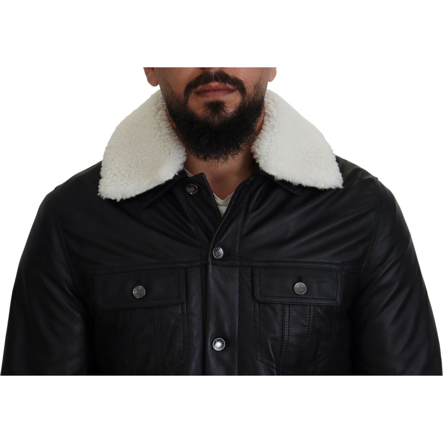 Dolce & Gabbana Black Lamb Leather Collared Men Coat Jacket