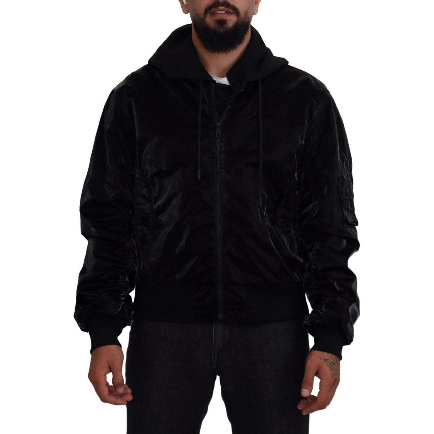 Dolce & Gabbana Black Nylon Hooded Full Zip Bomber Jacket