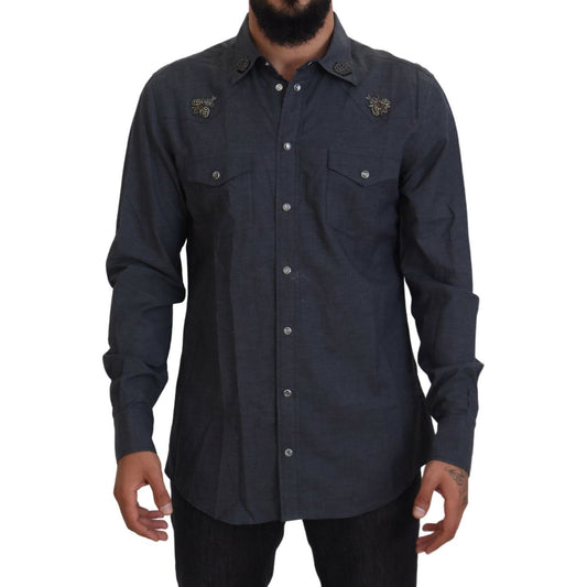 Dolce & Gabbana Blue Cotton Denim Crystal Bee Shirt