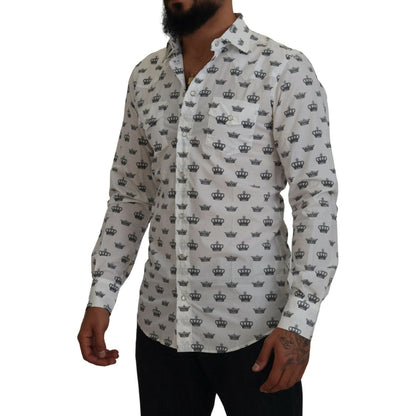 Dolce & Gabbana White Crown Print Slim Fit Cotton Shirt