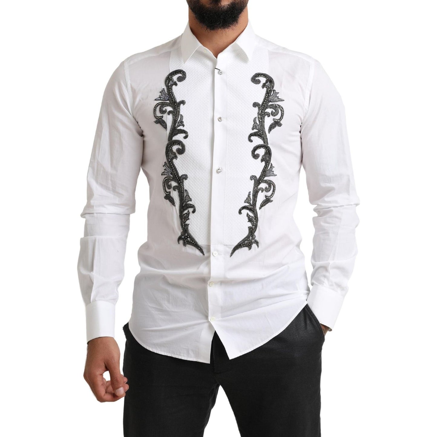 Dolce & Gabbana White Tuxedo Slim Fit Baroque Shirt
