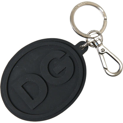 Dolce & Gabbana Black Rubber DG Logo Silver Brass Metal Keychain
