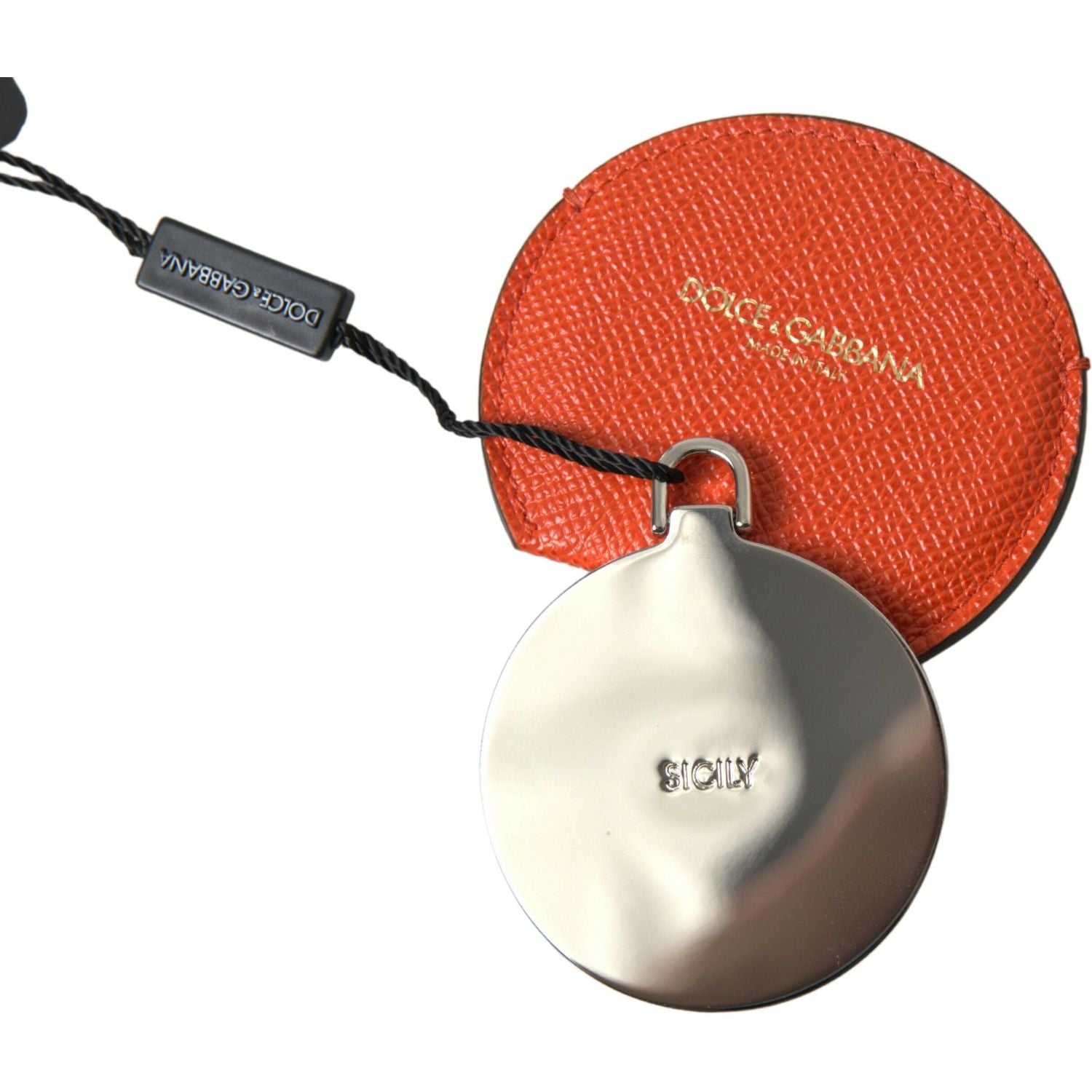 Dolce & Gabbana Orange Calfskin Leather Round Logo Hand Mirror Holder