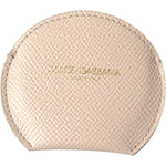 Dolce & Gabbana Beige Calfskin Leather Round Logo Hand Mirror Holder