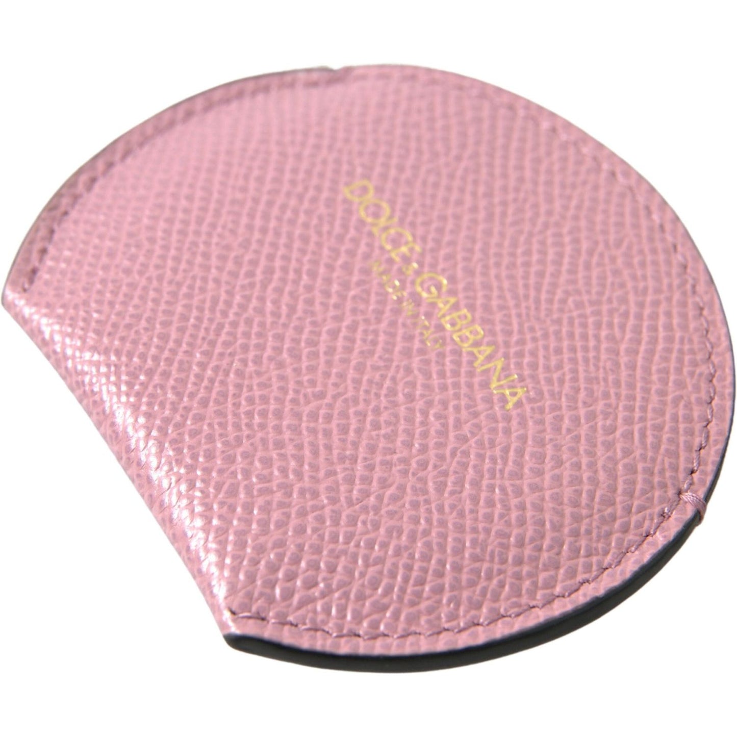 Dolce & Gabbana Pink Calfskin Leather Round Logo Print Hand Mirror Holder