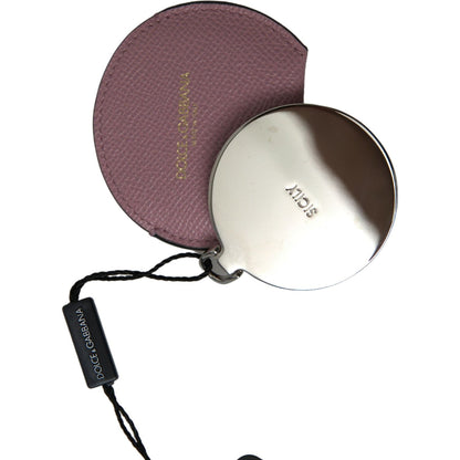 Dolce & Gabbana Pink Calfskin Leather Round Logo Print Hand Mirror Holder