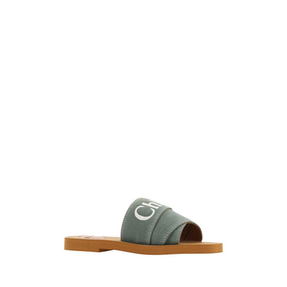Chloé Forest Green Cotton Slides Woody Sandals