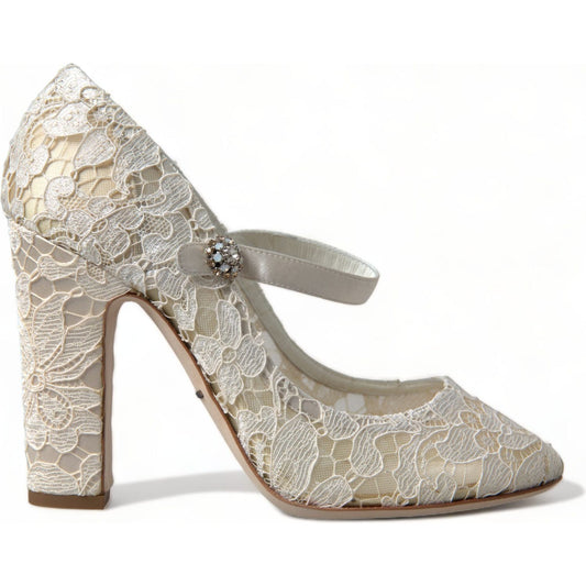 Dolce & Gabbana Chic Lace Block Heels Sandals in Cream White Dolce & Gabbana Dark Gray