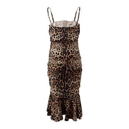 Dolce & Gabbana Brown Leopard Print Ruched Midi Dress