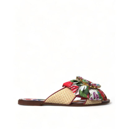 Dolce & Gabbana Multicolor Floral Flats Crystal Sandals Shoes