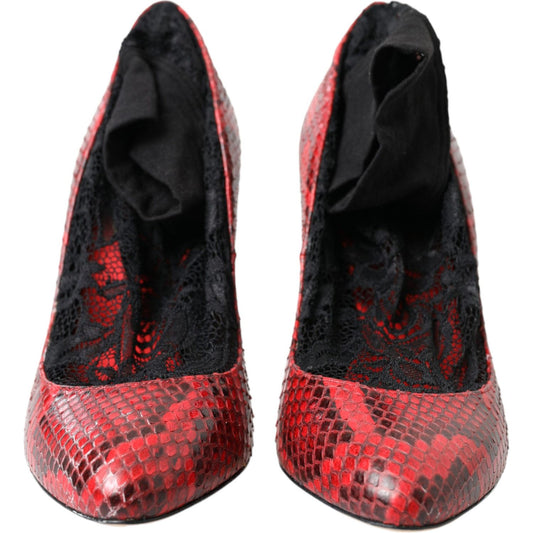 Dolce & Gabbana Red Almond Toe Snakeskin Pumps with Lace Socks Dolce & Gabbana Pale Violet Red