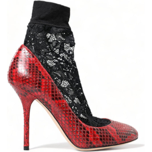Dolce & Gabbana Red Almond Toe Snakeskin Pumps with Lace Socks Dolce & Gabbana Dark Slate Gray