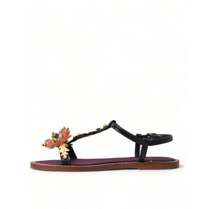 Dolce & Gabbana Black Crystal Gold Sandals Leather Shoes