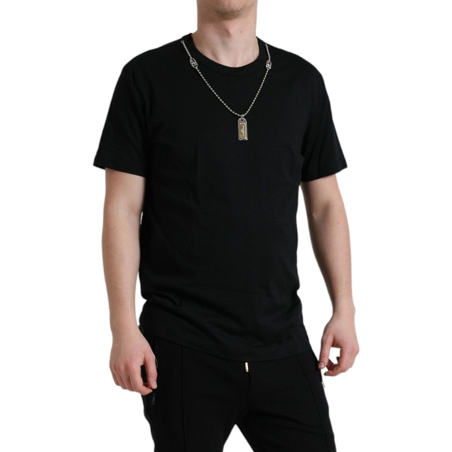 Dolce & Gabbana Black Cotton Dog Tag Round Neck T-shirt