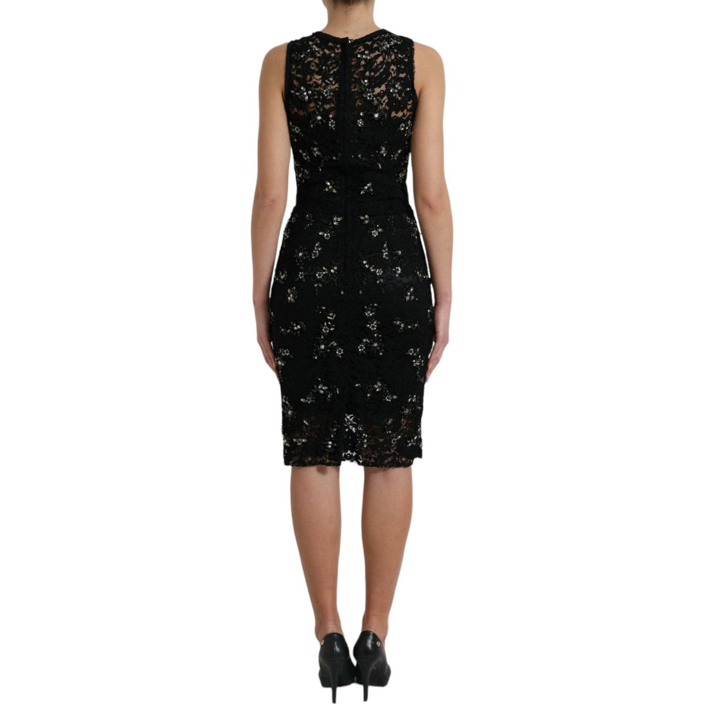 Dolce & Gabbana Black Floral Lace Crystal Sheath Dress