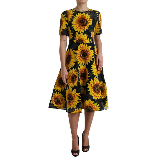 Dolce & Gabbana Black Sunflower Print Nylon A-line Midi Dress