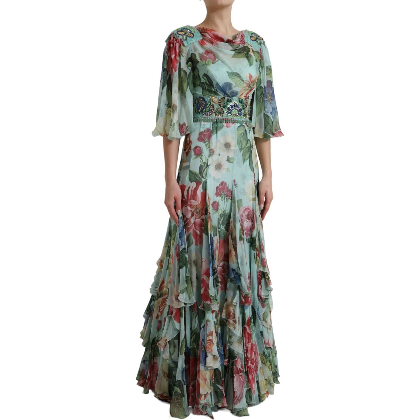 Dolce & Gabbana Blue Floral Print Tiered Long Maxi Dress