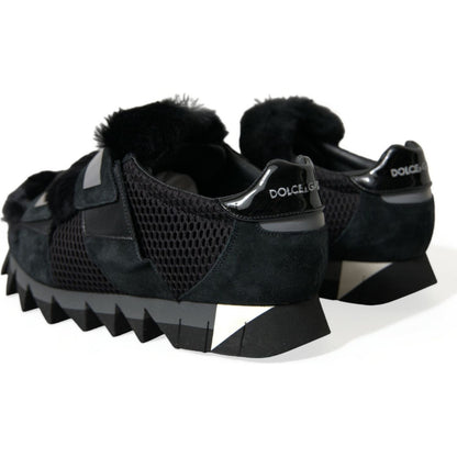 Dolce & Gabbana Black Fur Embellished Suede Sneakers Shoes