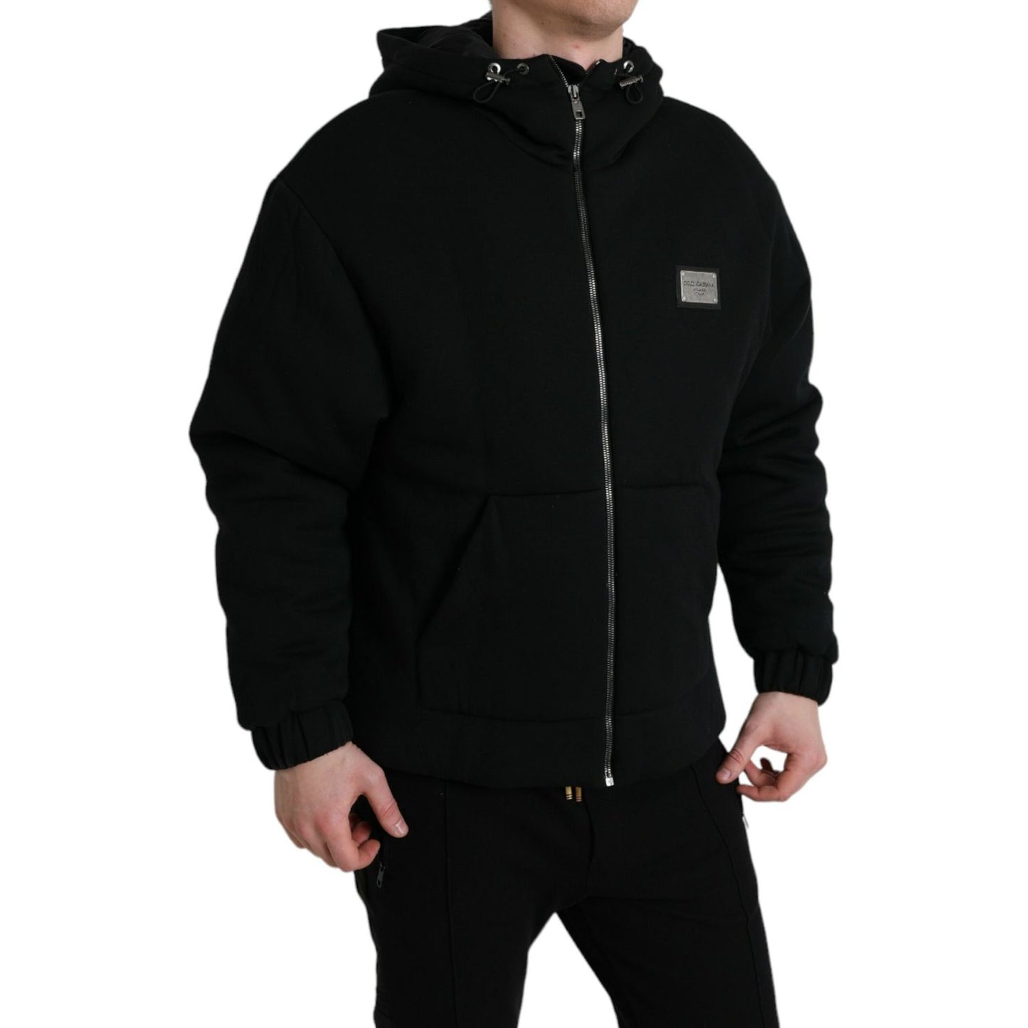 Dolce & Gabbana Black Cotton Hooded Logo Bomber Jacket