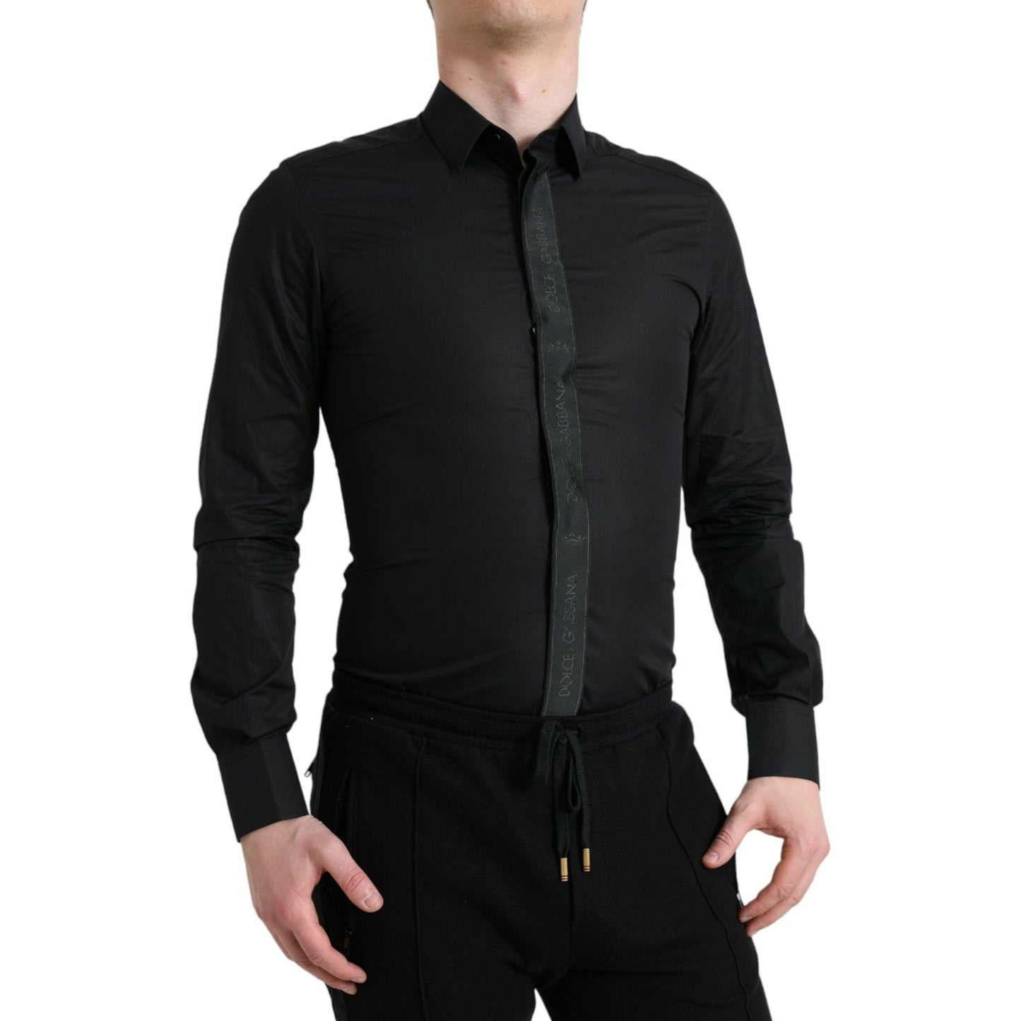 Dolce & Gabbana Black Cotton Logo Formal GOLD Dress Shirt