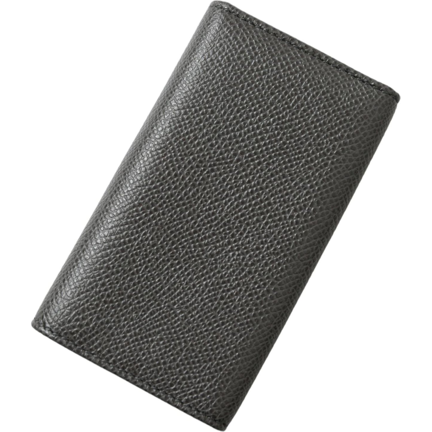 Dolce & Gabbana Gray Leather Silver Metal Logo Plaque Trifold Keyring