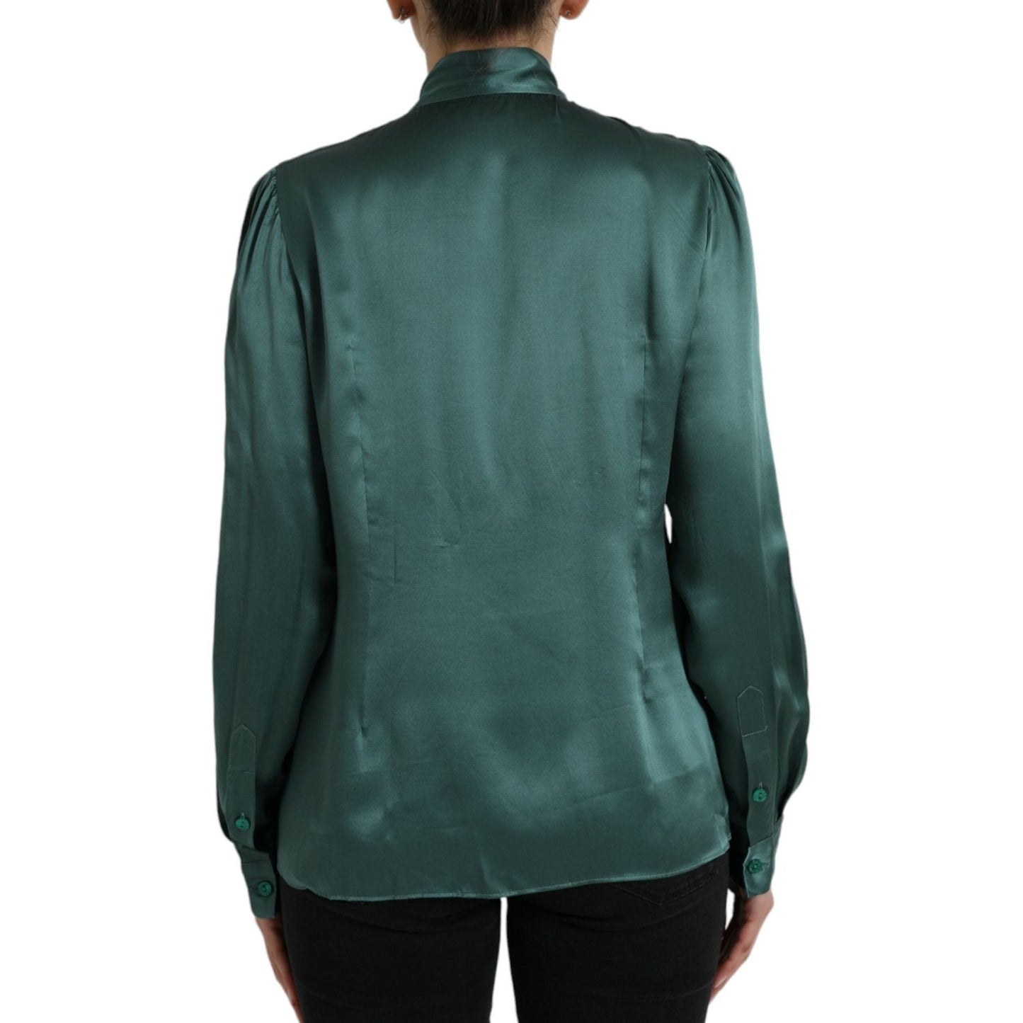 Dolce & Gabbana Dark Green Silk Ascot Collar Blouse Top