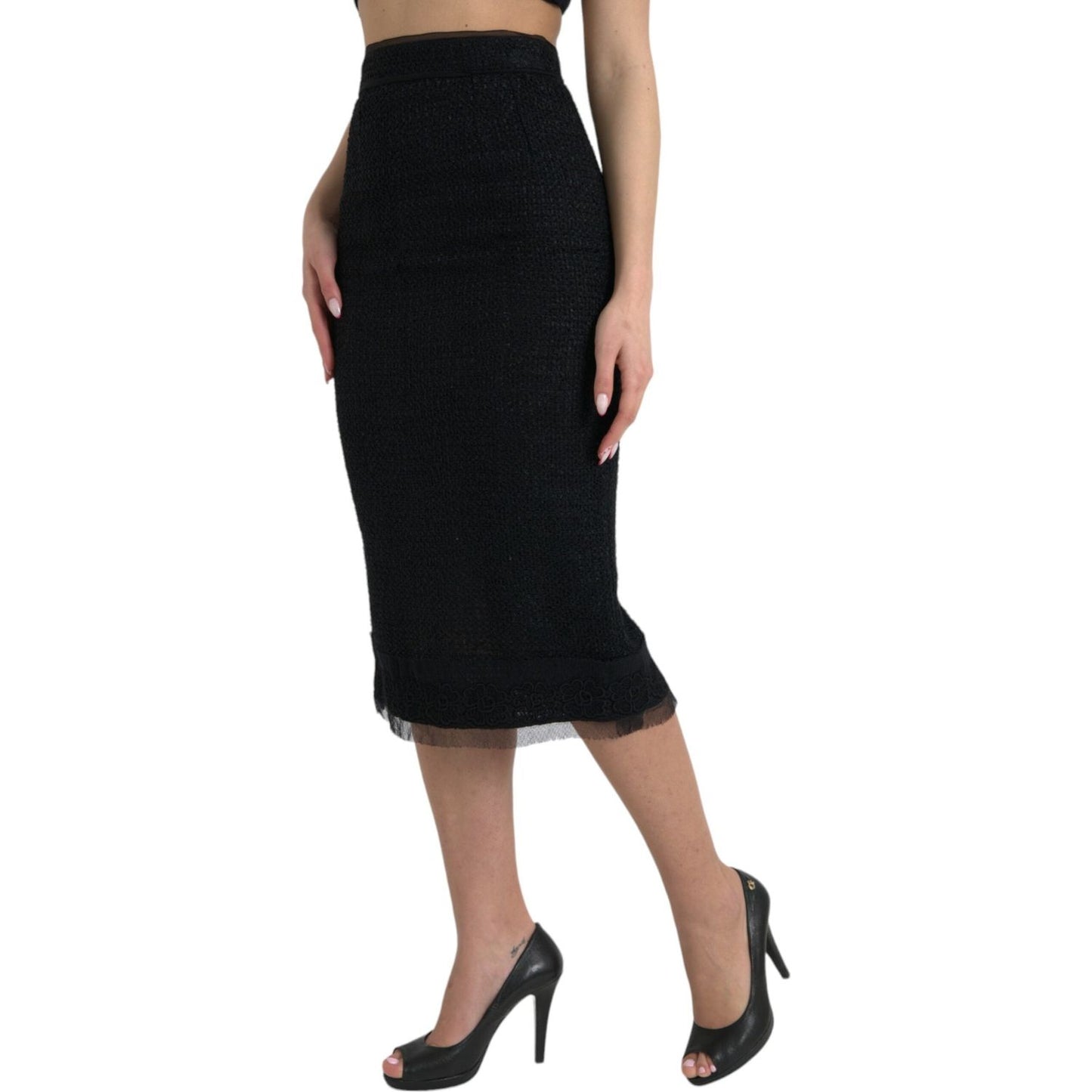 Dolce & Gabbana Black Wool High Waist Pencil Cut Midi Skirt
