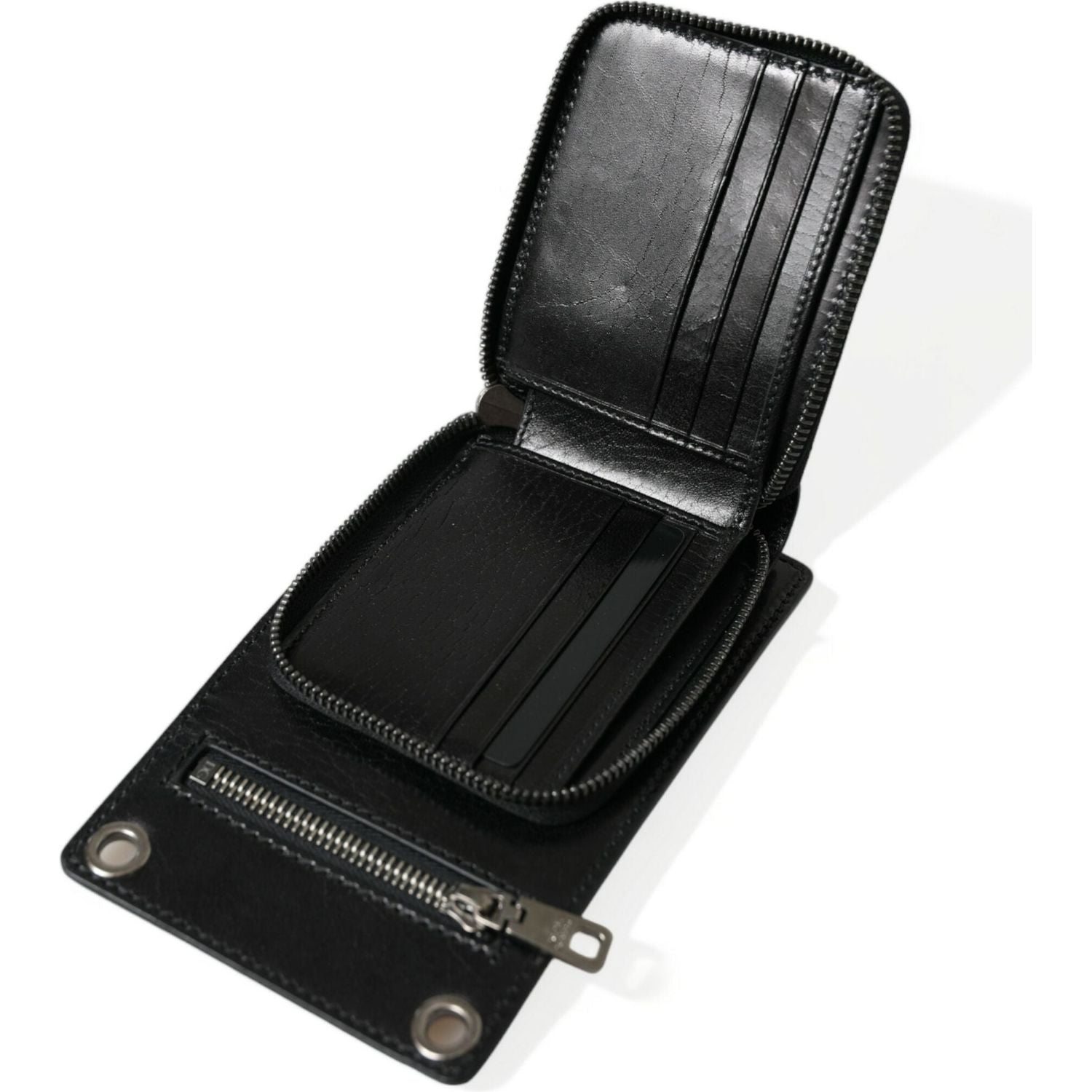 محفظة دولتشي آند غابانا من جلد العجل الأسود مع حزام للكتف والرقبة وسحاب وشعار