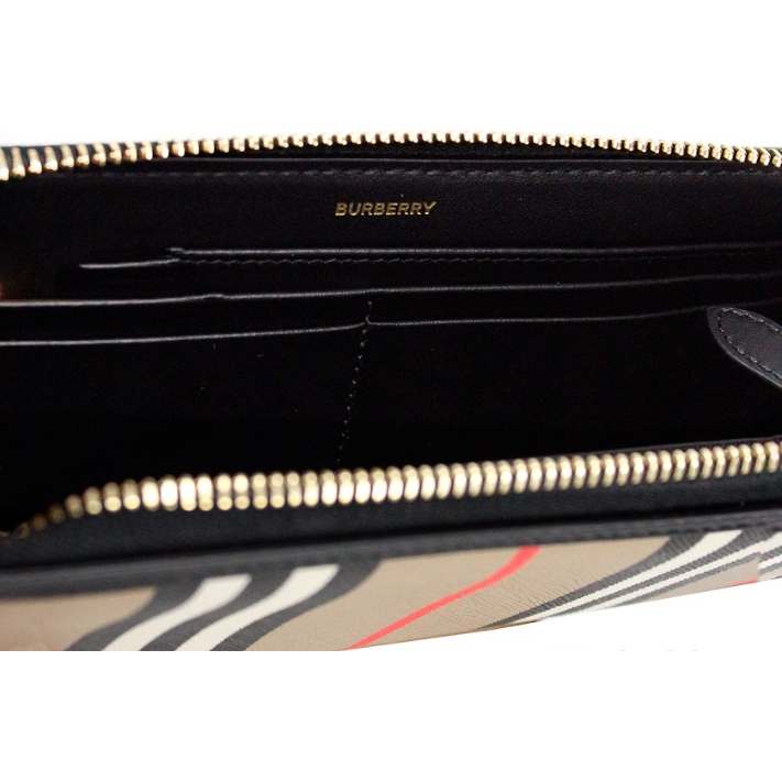 Ellerby 黑色皮革标志性条纹帆布拉链长款钱包