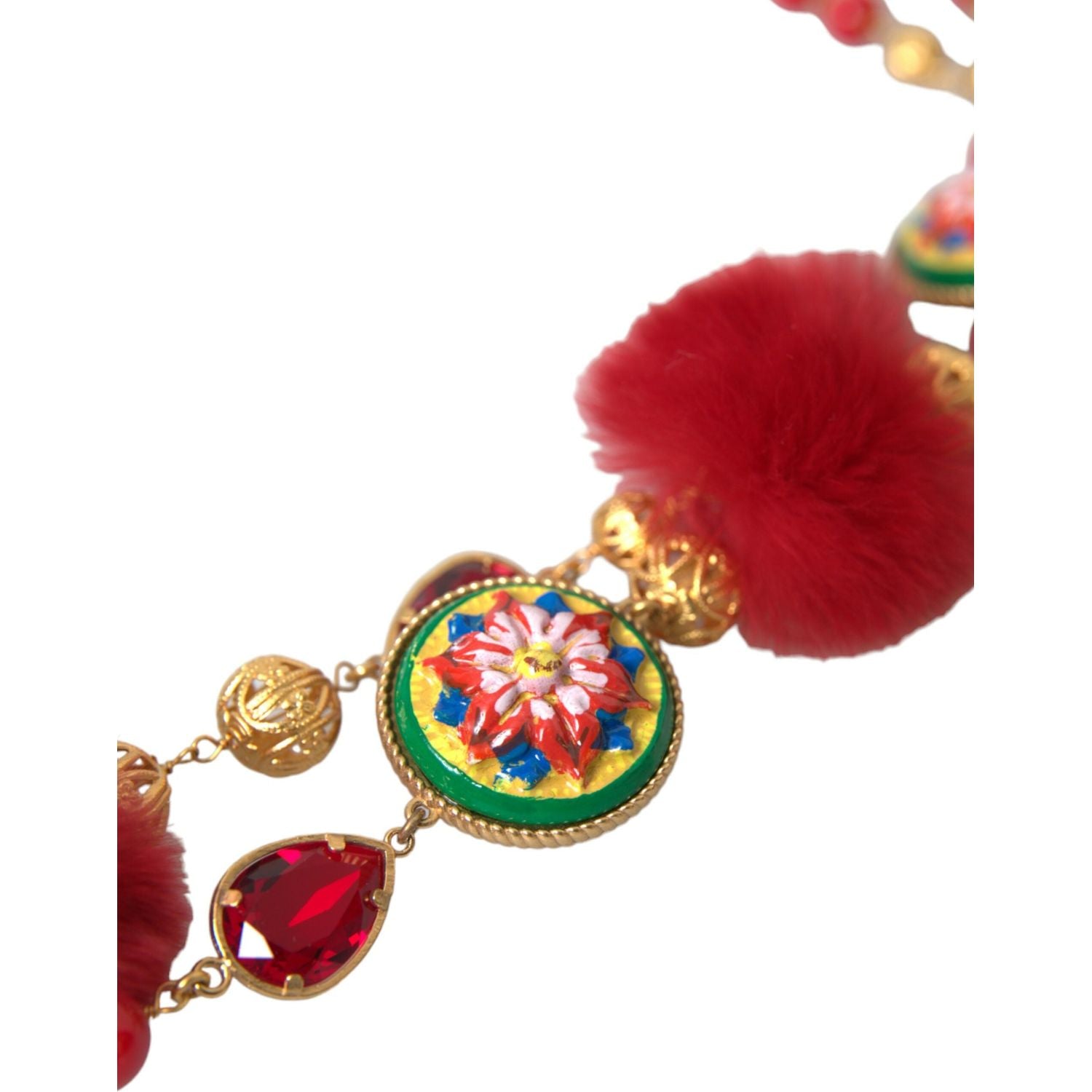 قلادة كاريتو من دولتشي آند غابانا مصنوعة من الذهب والنحاس ومزينة بالفرو الأحمر والكريستال