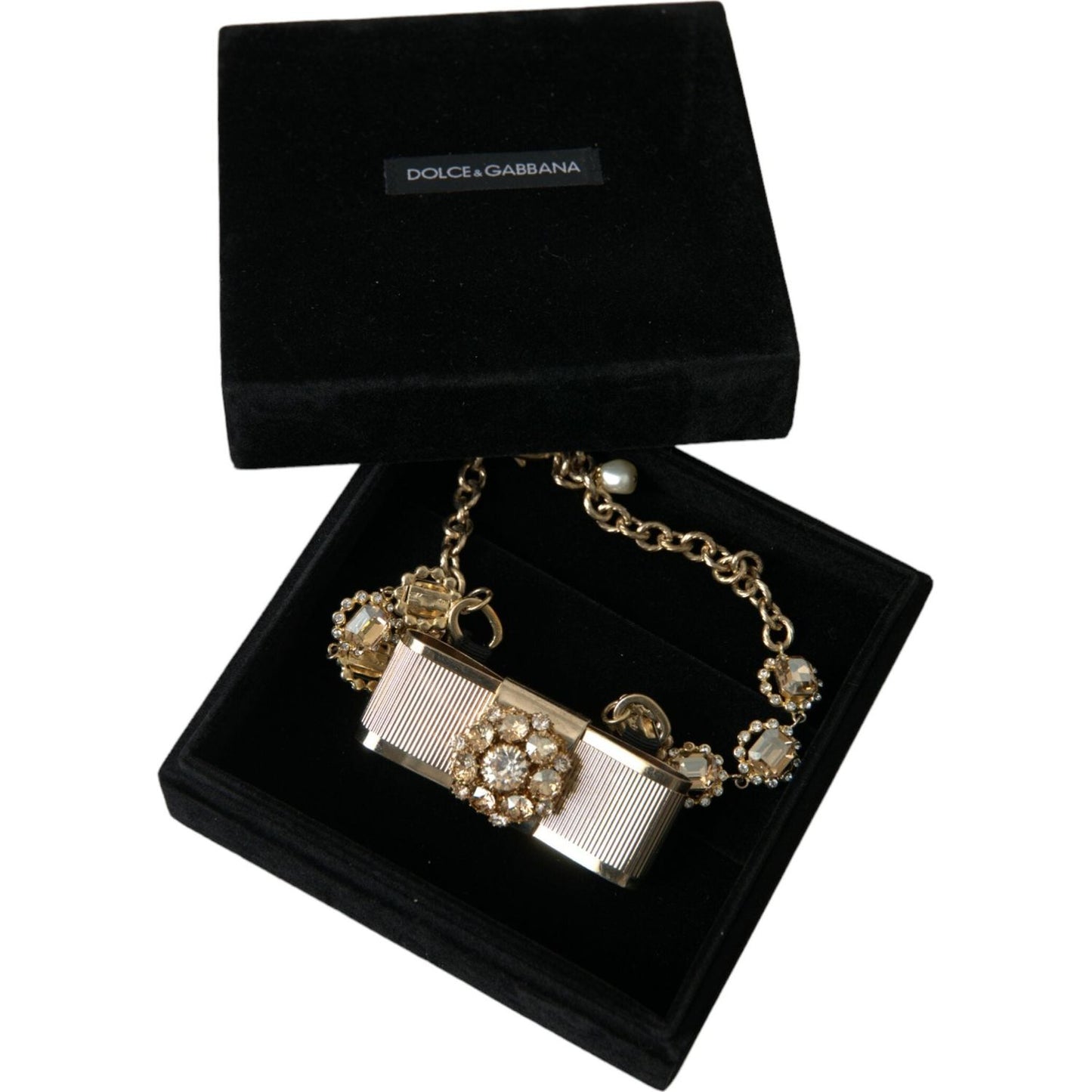 Dolce & Gabbana Gold Brass Clear Crystal Bow Chain Choker Necklace Necklace