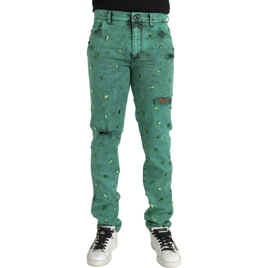 Dolce & Gabbana Green Crystals Cotton Stretch Slim Jeans Dolce & Gabbana Dim Gray