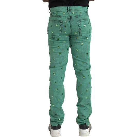 Dolce & Gabbana Green Crystals Cotton Stretch Slim Jeans Dolce & Gabbana Dim Gray