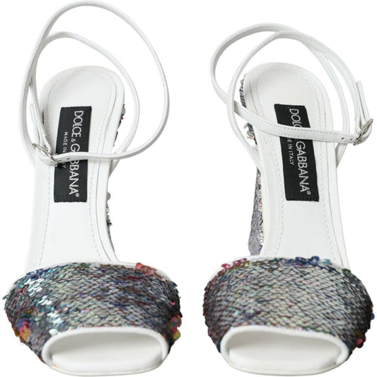 Dolce & Gabbana White Silver Sequin Ankle Strap Sandals Shoes Dolce & Gabbana Light Gray