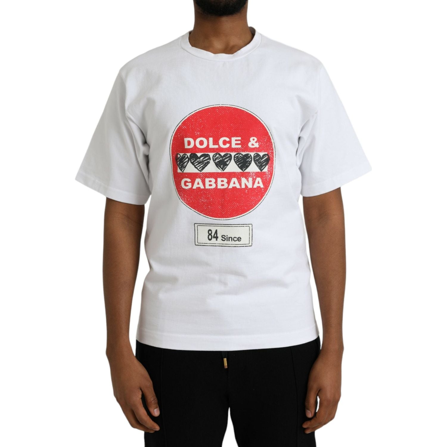 تي شيرت Dolce &amp; Gabbana أبيض من القطن بياقة دائرية وأكمام قصيرة بطبعة قلب