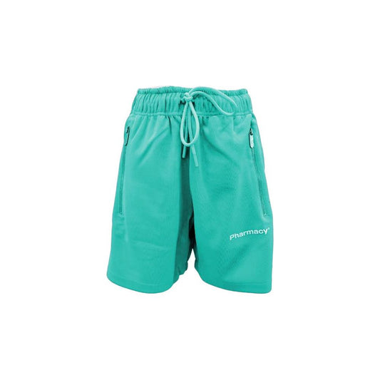 Chic green Bermuda shorts with white side stripes, zip side pockets, drawstring waist, and Pharmacy Industry logo.