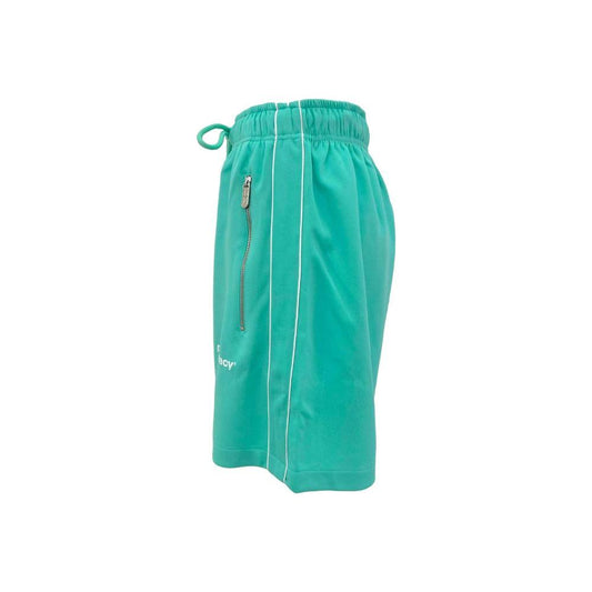 Pharmacy Industry green Bermuda shorts with white side stripes, zip side pocket, and drawstring waist, showcasing chic sporty style.
