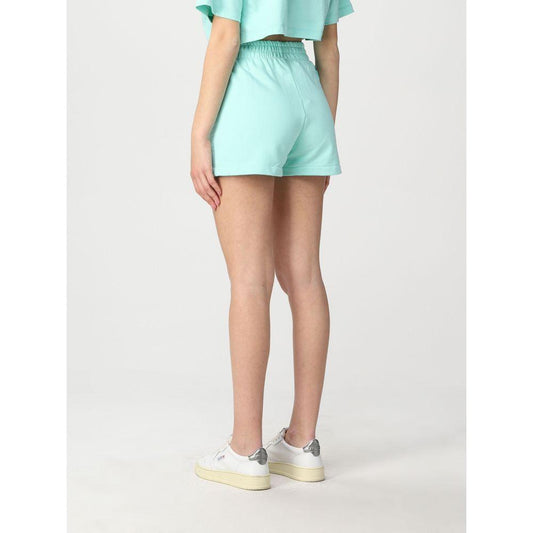 Back view of Pharmacy Industry green cotton women's shorts, 100% Italian fabric, showcasing logo. Ideal summer wardrobe addition.