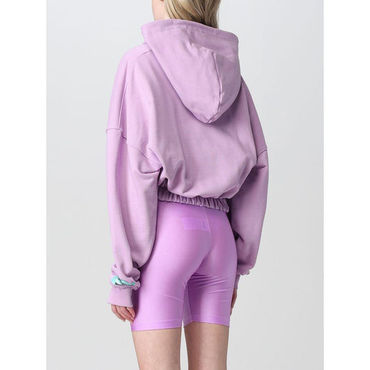 Back view of purple cotton women’s hoodie with zip closure, featuring edgy style and brand logo, perfect for a bold fashion statement.