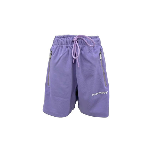 Pharmacy Industry chic purple Bermuda shorts with side stripes, drawstring waist, front logo, and zip pockets. Polyester-cotton blend.