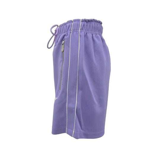 Purple Bermuda shorts by Pharmacy Industry with white side stripes and zip pocket, made of polyester and cotton blend with drawstring waist.