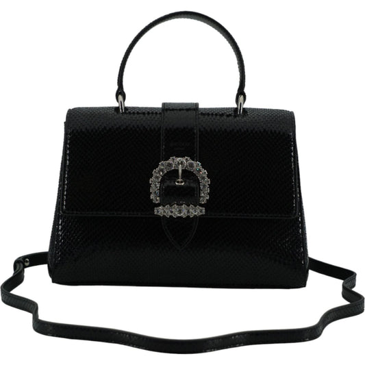 Jimmy Choo black leather top handle shoulder bag with crystal detailed hardware and removable strap, made from lizard printed leather.