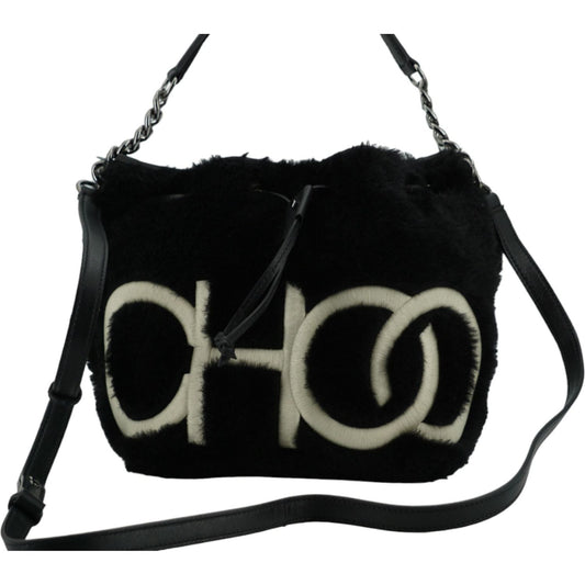 Alt Tag: Jimmy Choo Juno black shearling leather top handle and shoulder bag with chain strap and CHOO logo, new with tags.