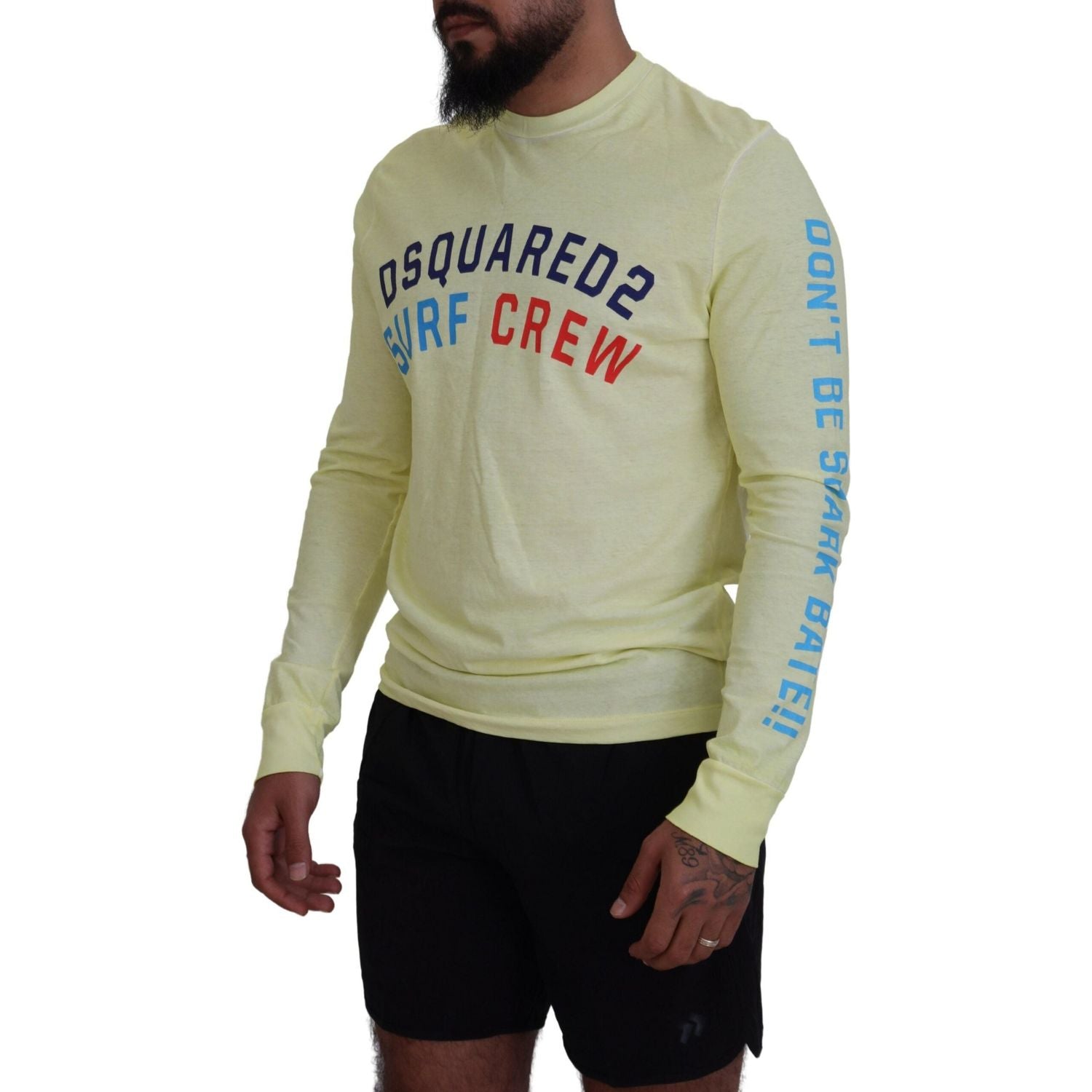 تي شيرت Dsquared² أصفر بطبعة ملونة بأكمام طويلة