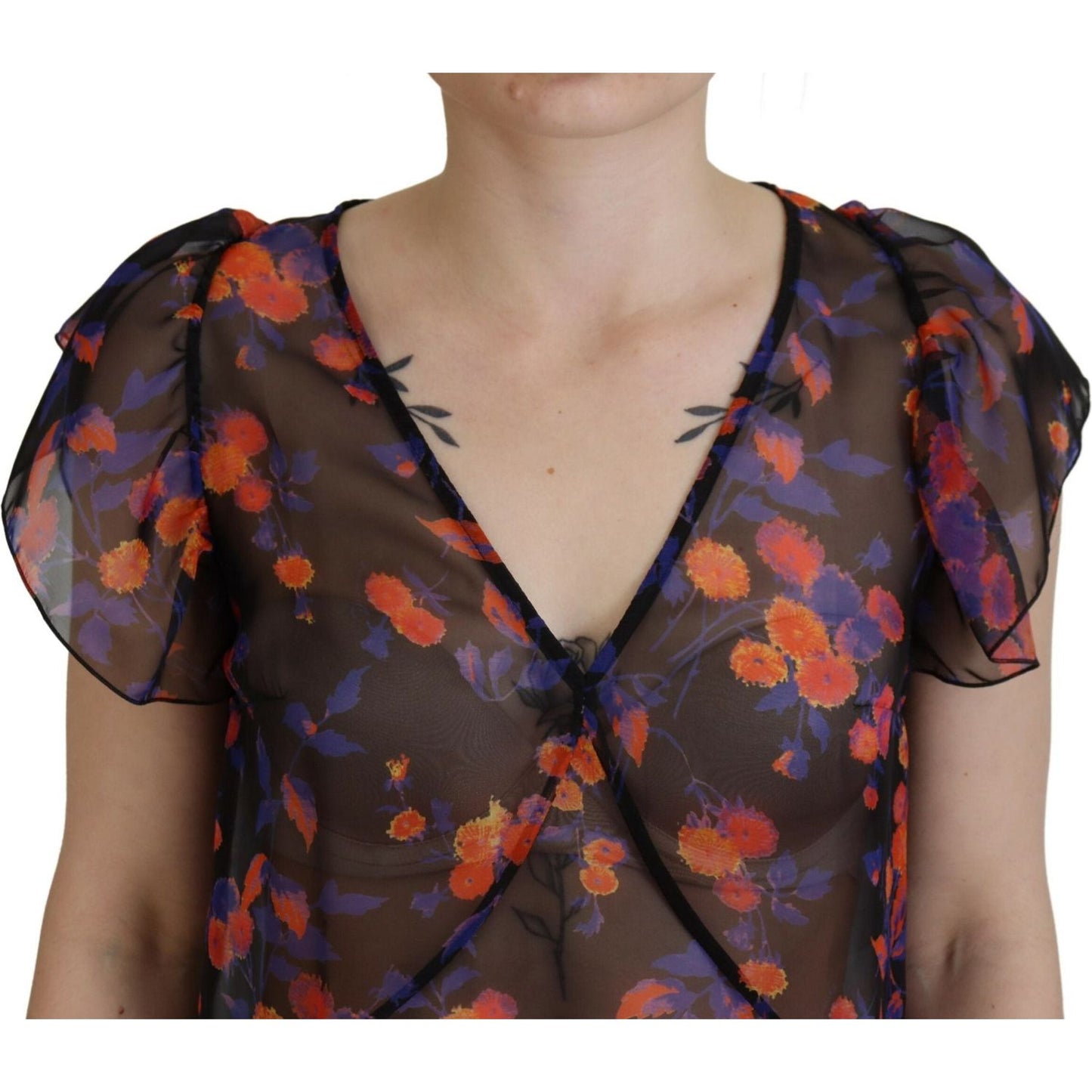 Dsquared² Black Floral Print Short Sleeves V-neck Blouse Top TSH83383-38