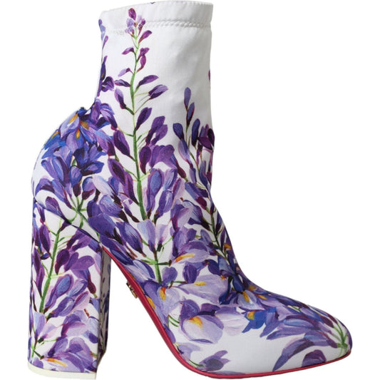 Dolce & Gabbana White Floral Jersey Stretch Boots Shoes Dolce & Gabbana Gray