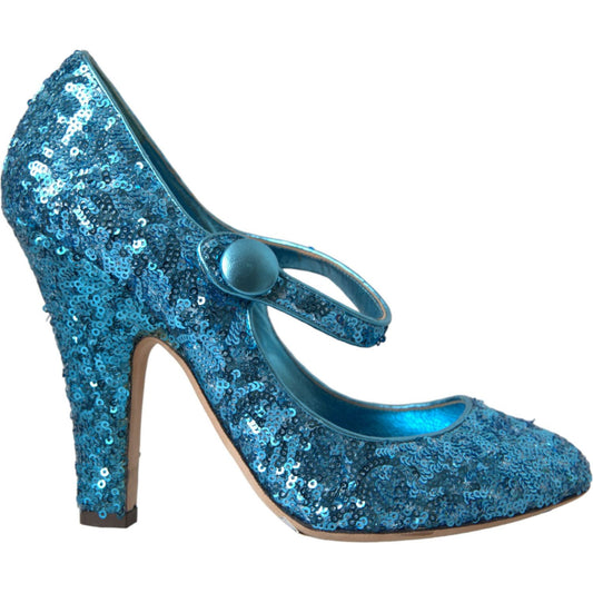 Dolce & Gabbana Blue Sequin Mary Jane Pumps High Heels Shoes Dolce & Gabbana Dark Slate Blue