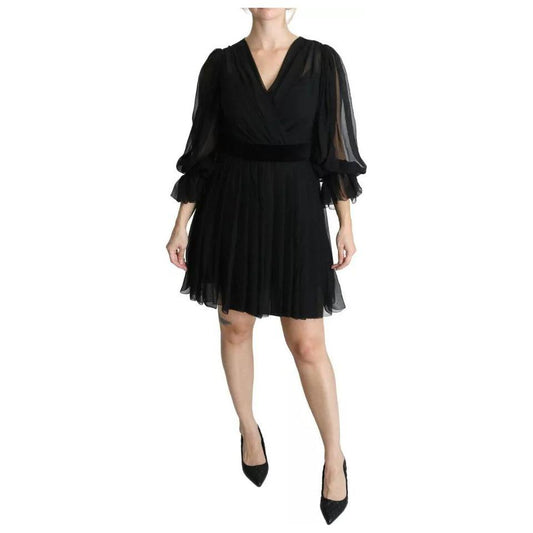Dolce & Gabbana Black Mesh Pleated Mini Silk Blend Dress Dolce & Gabbana Tan